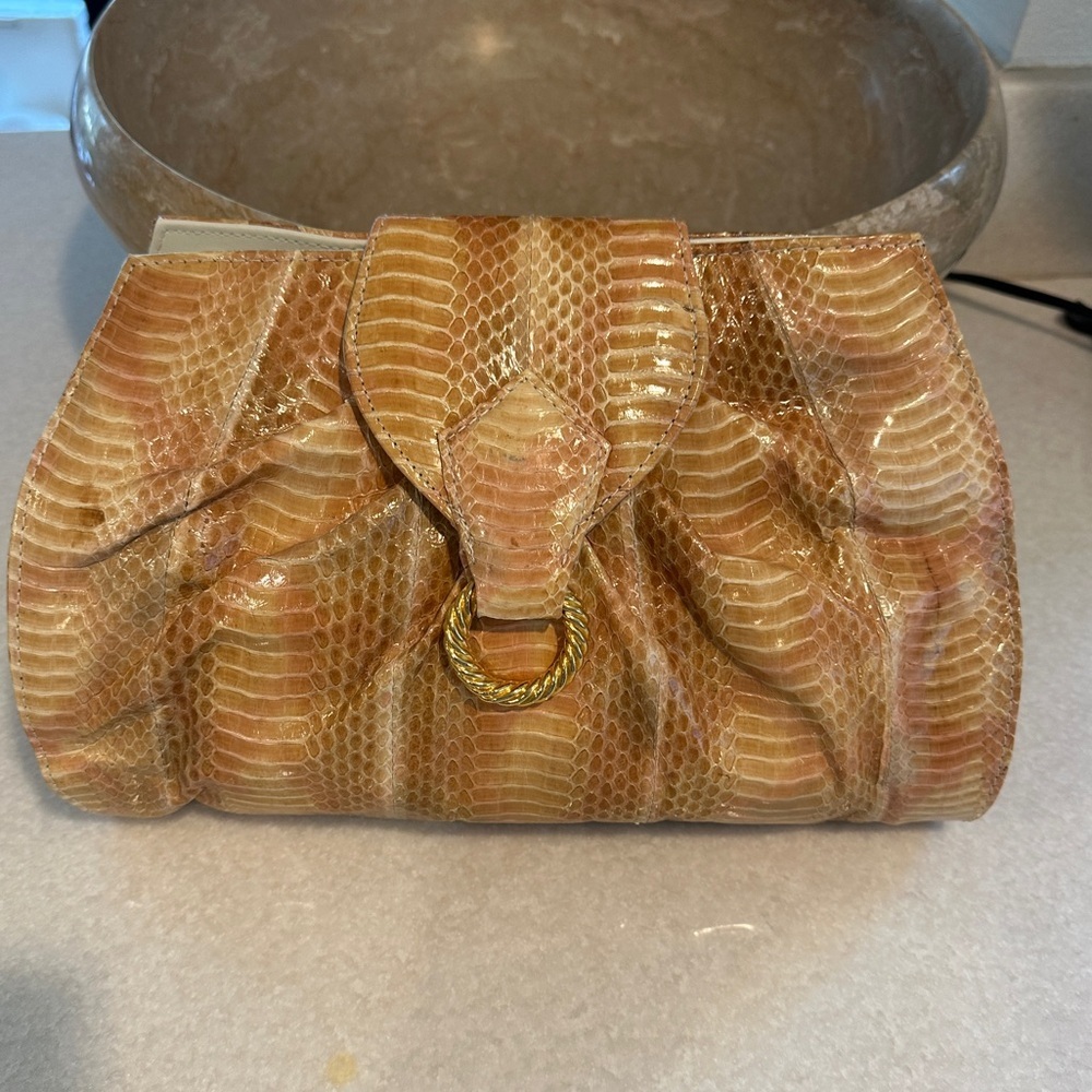 Vintage peach and cream snakeskin Clutch Bag with gold accents